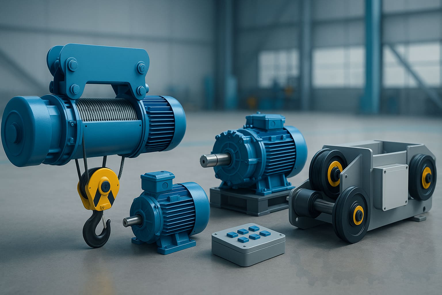 ACG crane motion systems including end carriages, wheel blocks, trolleys, drums and brakes